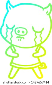 cold gradient line drawing of a cartoon pig crying