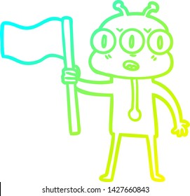 dibujo de una línea de degradado frío de un alienígena de tres ojos de dibujos animados