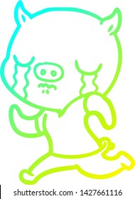 cold gradient line drawing of a cartoon pig crying running away