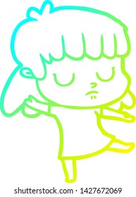 cold gradient line drawing of a cartoon indifferent woman dancing