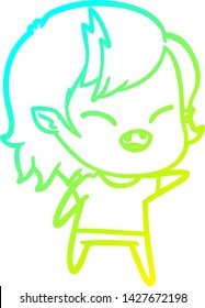cold gradient line drawing of a cartoon laughing vampire girl