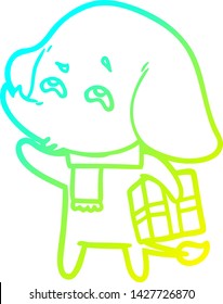 cold gradient line drawing of a cartoon elephant with gift remembering