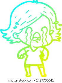 cold gradient line drawing of a cartoon woman crying