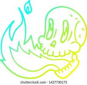 dibujo de línea de gradiente frío de una calavera inflamatoria de dibujos animados
