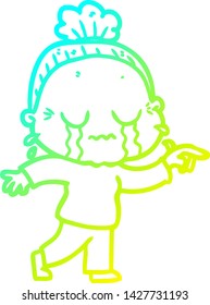 cold gradient line drawing of a cartoon crying old lady