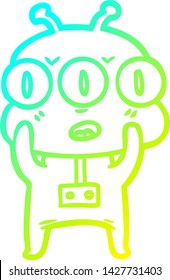 cold gradient line drawing of a cartoon three eyed alien