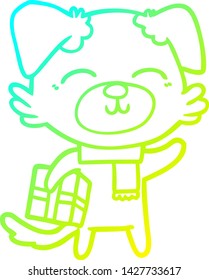 cold gradient line drawing of a cartoon dog ready for xmas