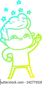 cold gradient line drawing of a cartoon excited man