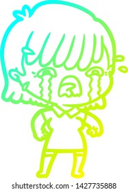 cold gradient line drawing of a cartoon girl crying
