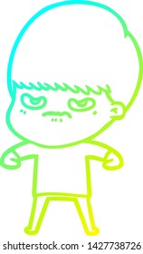 cold gradient line drawing of a cartoon angry boy