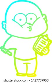 cold gradient line drawing of a cartoon bald man staring