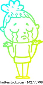 cold gradient line drawing of a cartoon crying woman shrugging
