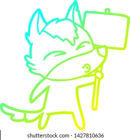 dibujo de una línea de degradado frío de un lobo de dibujos animados con signo de protesta