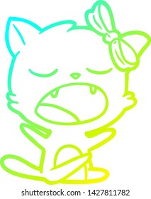 cold gradient line drawing of a cartoon yawning cat