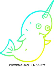 cold gradient line drawing of a cartoon white narwhal