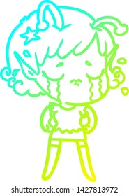 cold gradient line drawing of a cartoon crying alien girl