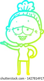 dibujo en línea de gradiente frío de una anciana feliz