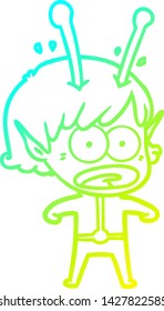 dibujo en línea de gradiente frío de una niña alienígena impactada