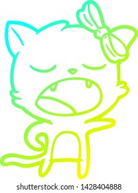 cold gradient line drawing of a cartoon yawning cat