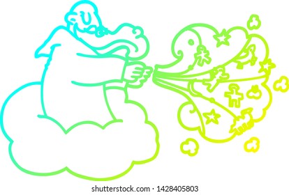 cold gradient line drawing of a cartoon god on cloud