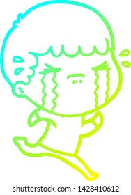 dibujo de una línea de degradado frío de un hombre de dibujos animados llorando