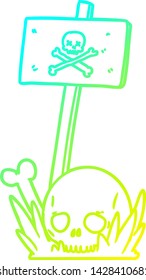 dibujo de línea de gradiente frío de los huesos del cráneo de dibujos animados y signo de advertencia