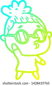 cold gradient line drawing of a cartoon woman wearing glasses