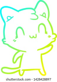 dibujo de línea de degradado frío de un gato feliz de dibujos animados