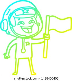 dibujo de una línea de degradado frío de una caricatura que ríe astronauta ondeando la bandera