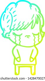 cold gradient line drawing of a cartoon woman crying