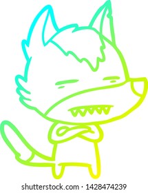 cold gradient line drawing of a cartoon wolf showing teeth