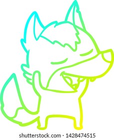 dibujo de una línea de gradiente frío de un lobo de dibujos animados riendo