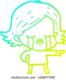 cold gradient line drawing of a cartoon girl crying and pointing