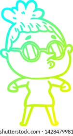 cold gradient line drawing of a cartoon woman wearing glasses