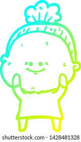 cold gradient line drawing of a cartoon happy old woman