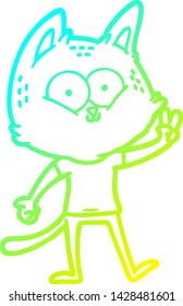 cold gradient line drawing of a cartoon cat giving peace sign