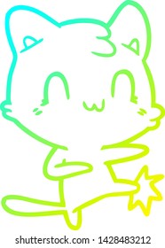 cold gradient line drawing of a cartoon happy cat karate kicking