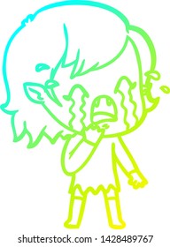 cold gradient line drawing of a cartoon crying vampire girl