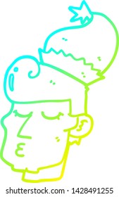 dibujo de una línea de degradado frío de un hombre de caricatura que usa sombrero de navidad