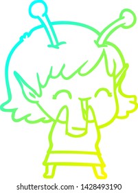 cold gradient line drawing of a cartoon alien girl laughing