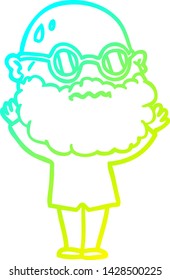 cold gradient line drawing of a cartoon worried man with beard and spectacles