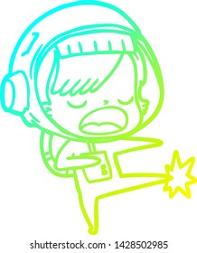 cold gradient line drawing of a cartoon astronaut woman kicking