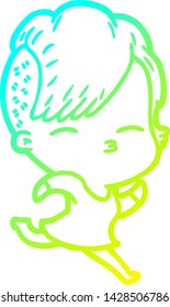 cold gradient line drawing of a cartoon squinting girl running