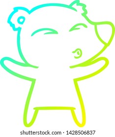 dibujo de una línea de degradado frío de un oso silbador de dibujos animados con los brazos abiertos