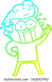 cold gradient line drawing of a cartoon crying man waving