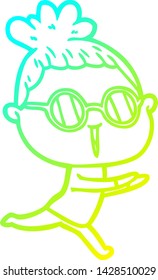 cold gradient line drawing of a cartoon woman wearing spectacles