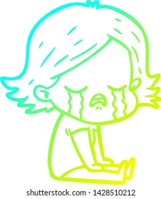 cold gradient line drawing of a cartoon girl crying sat on floor