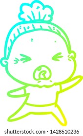 cold gradient line drawing of a cartoon angry old woman