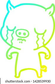 cold gradient line drawing of a cartoon pig crying