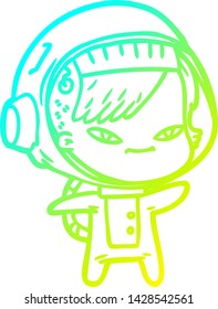 dibujo en línea de gradiente frío de una astronauta de dibujos animados
